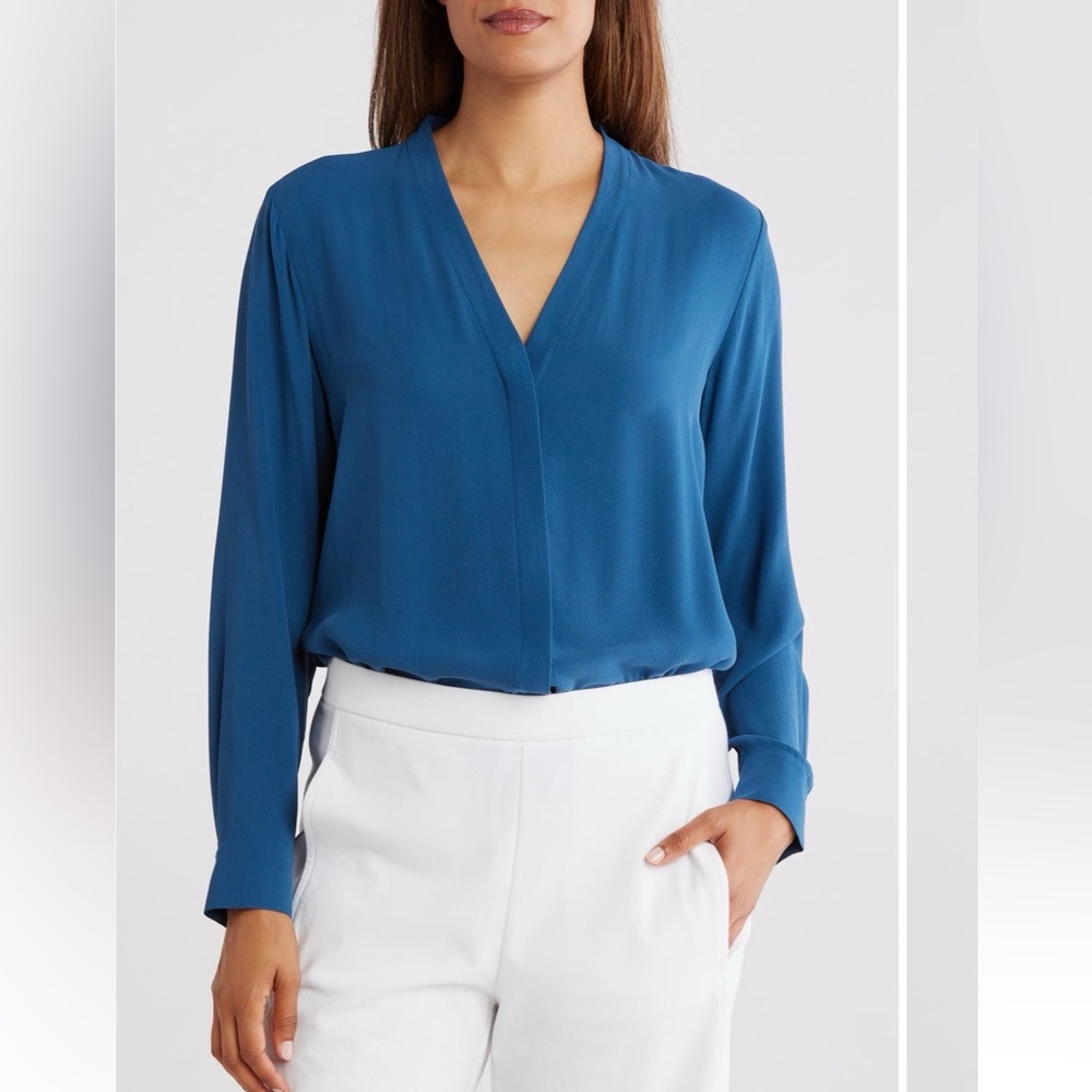 Eileen Fisher matte silk v-neck button-up shirt